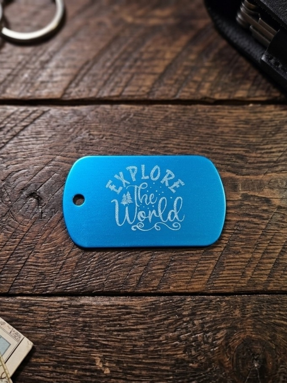 Blue 'Explore The World' Engraved Dog Tag Keychain